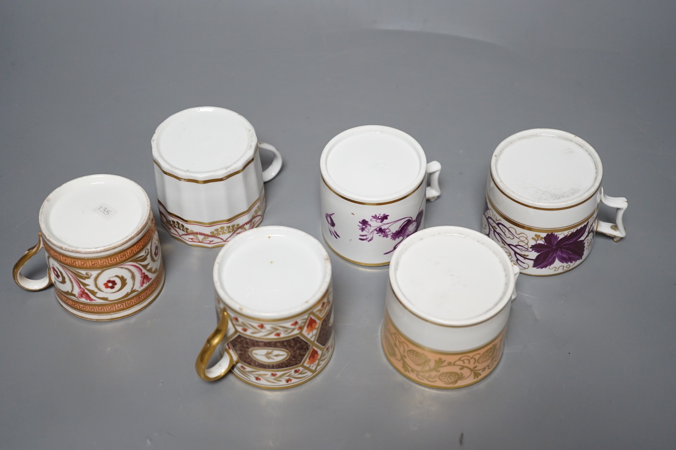 Three Flight Barr and Barr coffee cans, two Coalport examples and a Hamilton flute example probably Pinxton